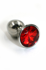 Анальная пробка из аллюминия с ярко-красным кристаллом (Small) (Цвет: серебряный / ярко-красный)