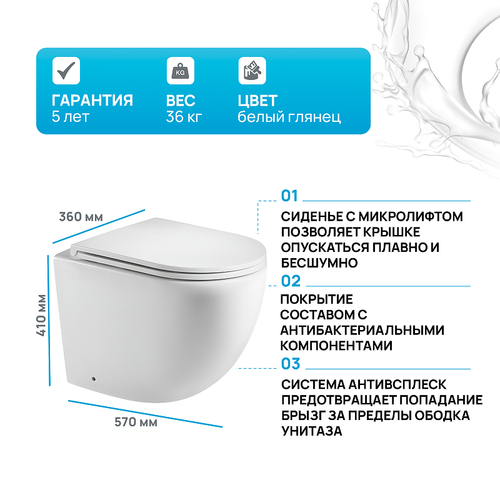 Унитаз WeltWasser Merzbach 002 GL-WT 10000003738 приставной Белый глянец с сиденьем Микролифт