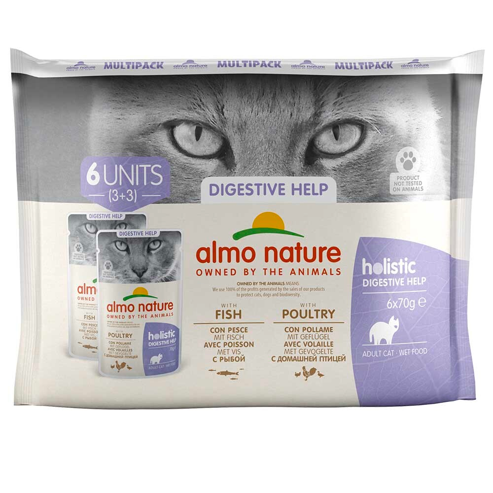 Almo Nature консервы для кошек "чувствительное пищеварение" с курицей и рыбой 6 штук по 70 г набор пакетиков (Holistic Digestive Help)