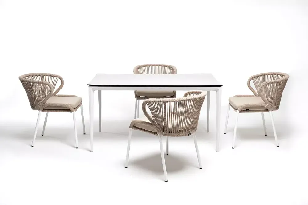 "Малага" обеденная группа на 4 персоны со стульями "Милан", каркас белый, роуп бежевый