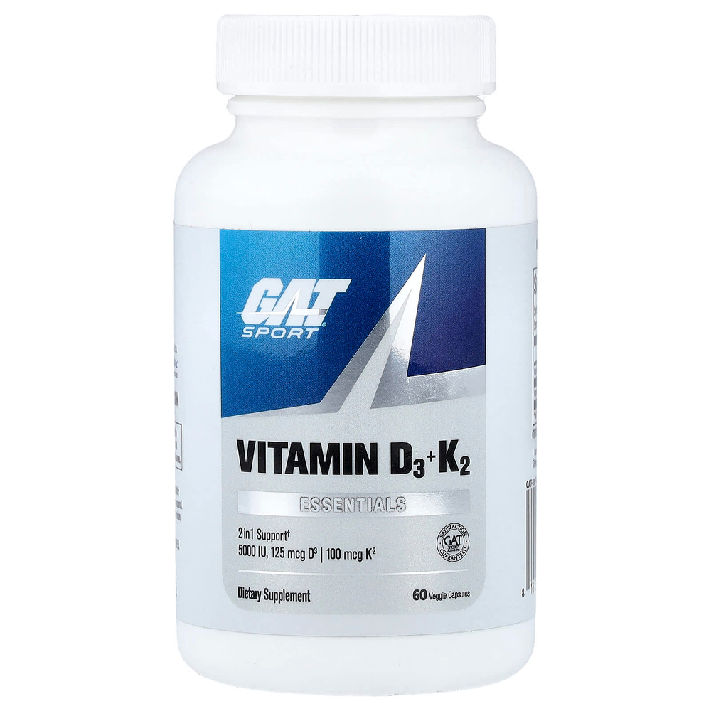 GAT, Sport, Essentials, витамины D3 и К2, 60 растительных капсул