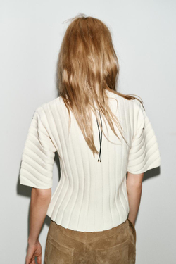 ZARA ТОП В РУБЧИК С ОБЪЕМНЫМИ РУКАВАМИ, ЭКРЮ