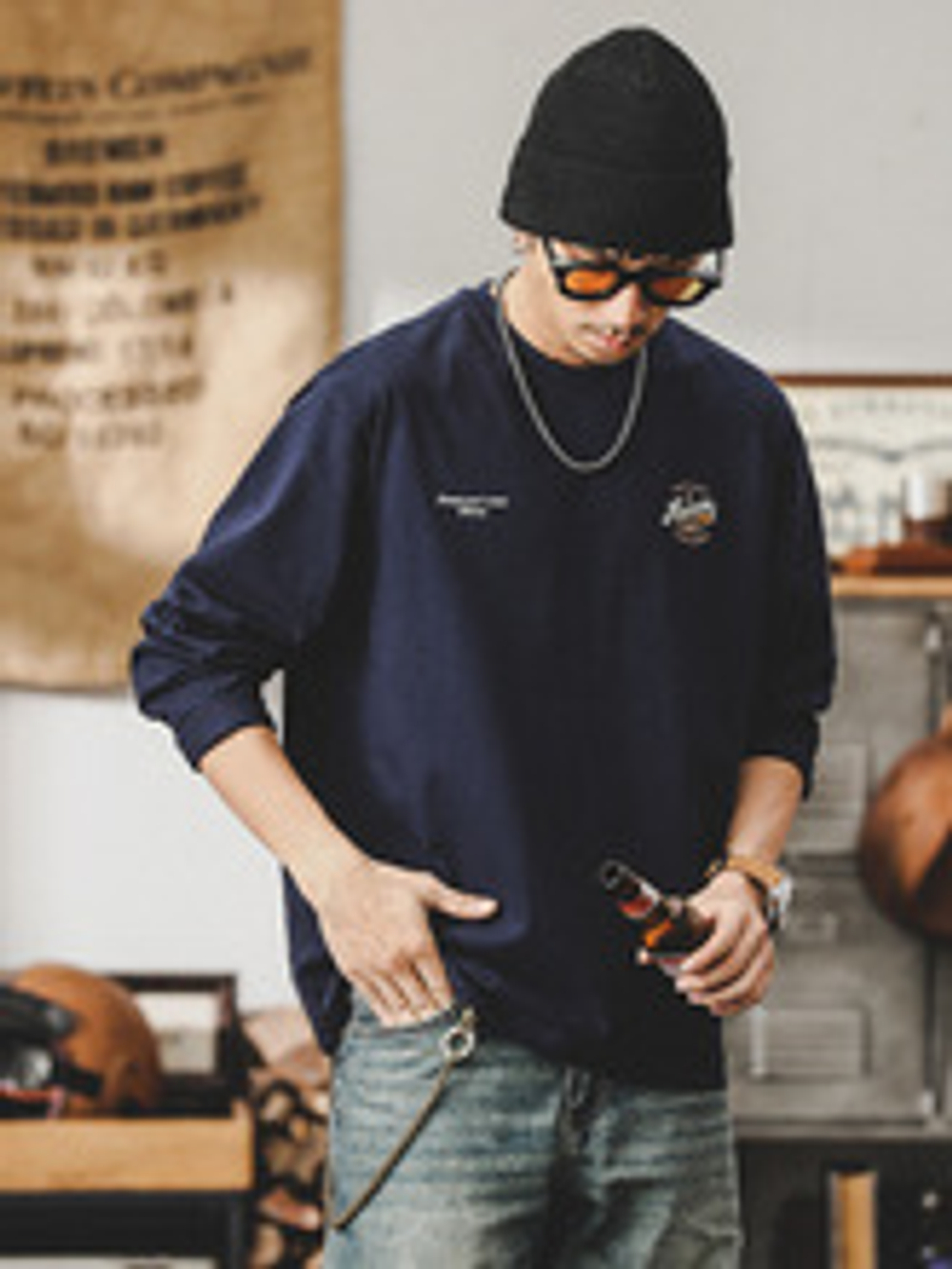 Футболка с принтом и длинным рукавом Американская ретро 260 г, свободного кроя,