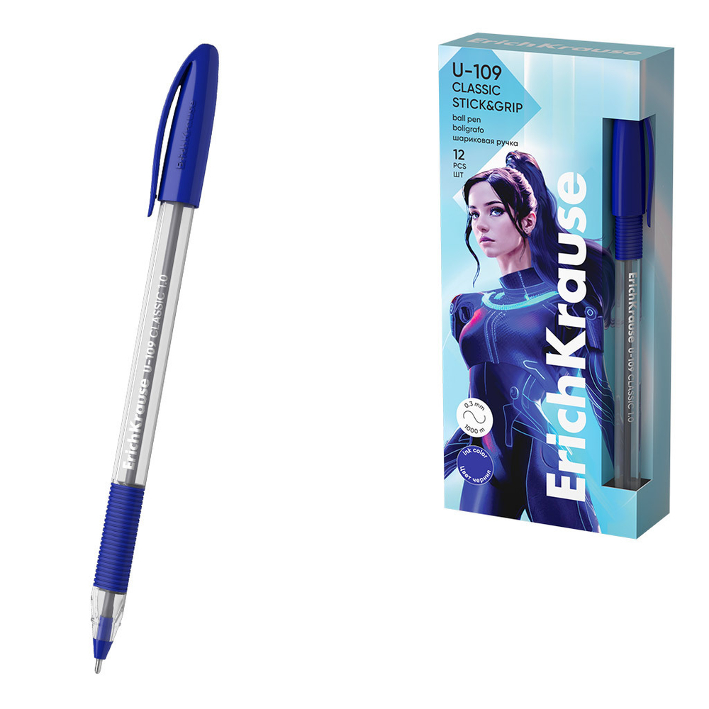 Ручка шариковая "Erich Krause" Ultra Glide Technology U-109 Classic Stick&Grip синяя 1,0мм, толщина письма 0,3мм, треугольная, рифленый держатель, игольчатый пишущий узел, прозрачный корпус