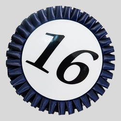 Номер участника, крепление в ассортименте. Диаметр 115 мм. с плиссе. Цвет номера и плиссировки Т.СИНИЙ.