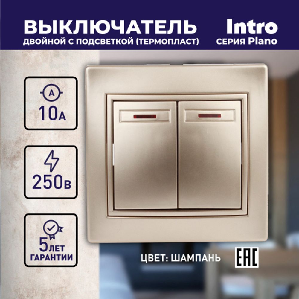 Выключатель Intro Plano 1-105-04 двухклавишный с подсветкой, 10А-250В, IP20, СУ, шампань