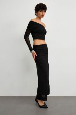 Юбка макси из сетки стрейч черного цвета