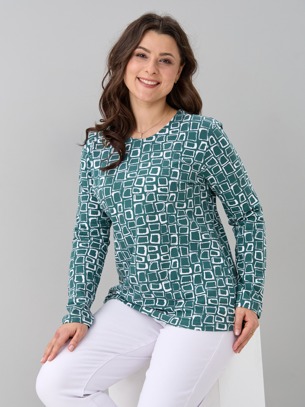 Лонгслив ЛНкл-081/изумруд-квадратбелый