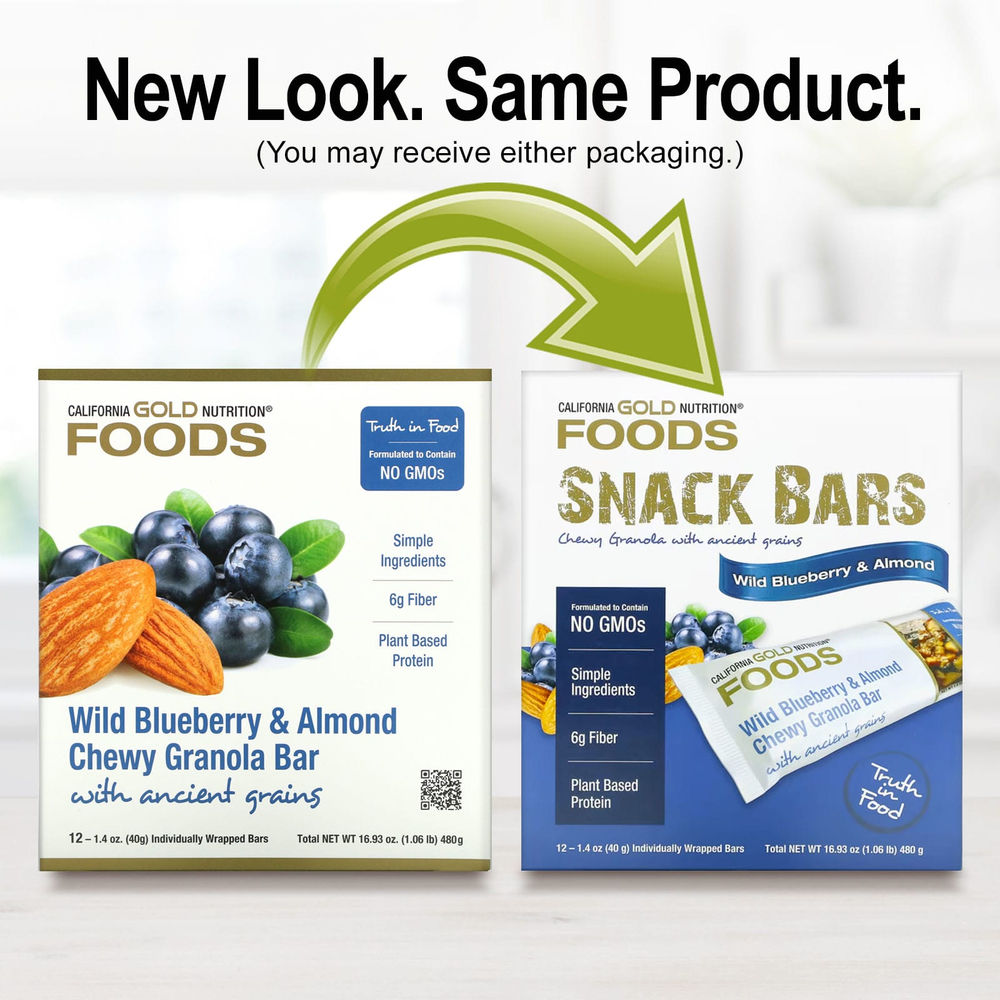 California Gold Nutrition, Foods, жевательные батончики-мюсли с дикой голубикой и миндалем, 12 шт. по 40 г (1,4 унции)
