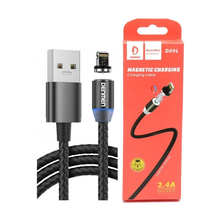 Кабель для зарядки Denmen D09L USB-A - Lightning, 2.4A, 1м, магнитный, с подсветкой, черный