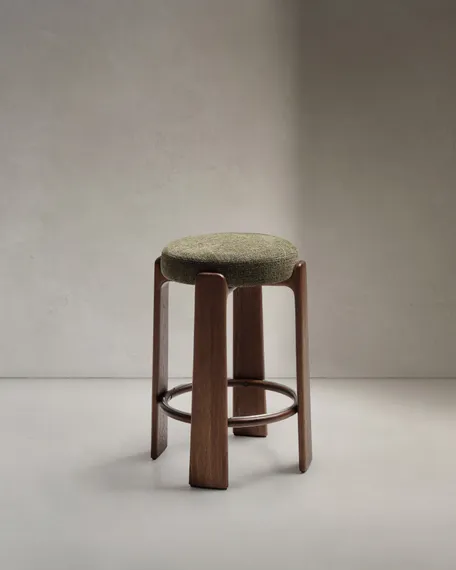Барный табурет Granite из зеленой синели и массива ясеня с отделкой под орех
