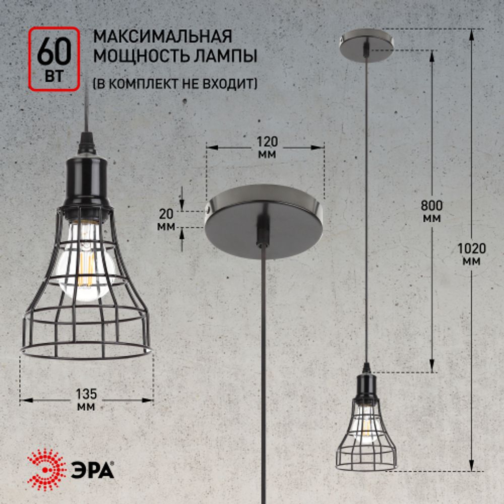Светильник подвесной (подвес) ЭРА PL10 BK металл, E27, max 60W, высота плафона 200мм, подвеса 800мм, черный