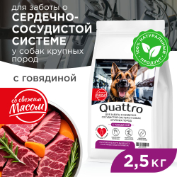 Корм сухой для взрослых собак крупных пород, премиум полнорационный комплекс, для заботы сердечно-сосудистой системы, с говядиной, 2,5 кг, QUATTRO