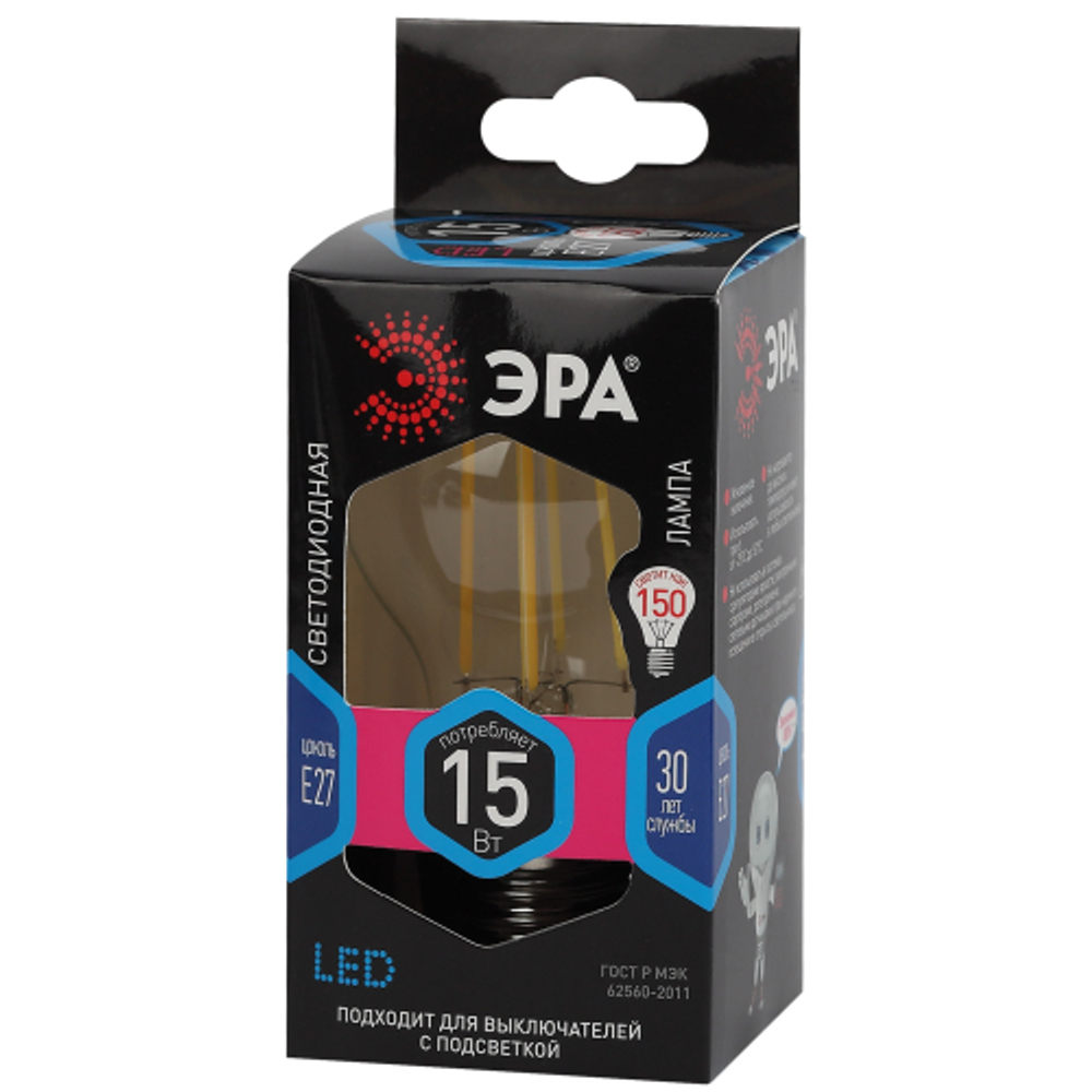Лампа светодиодная ЭРА F-LED A60-15W-840-E27 15Вт филамент груша нейтральный белый свет E27