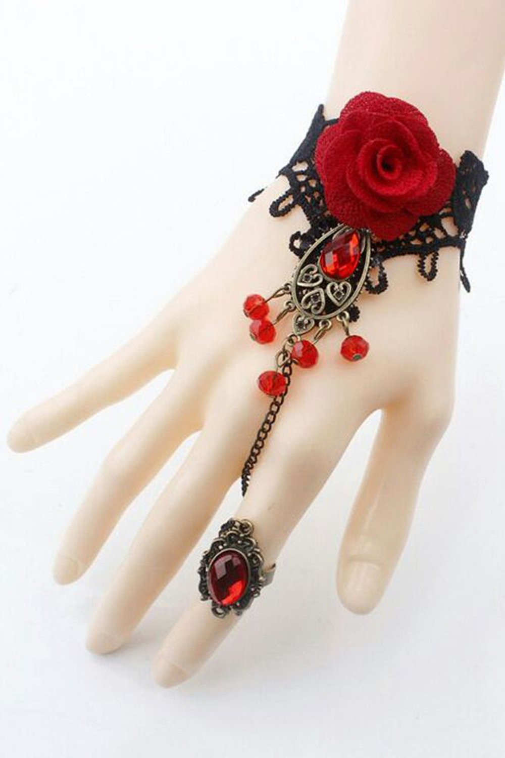 Украшение на руку Medeia с бусинками и колечком (Цвет: черный с красным)