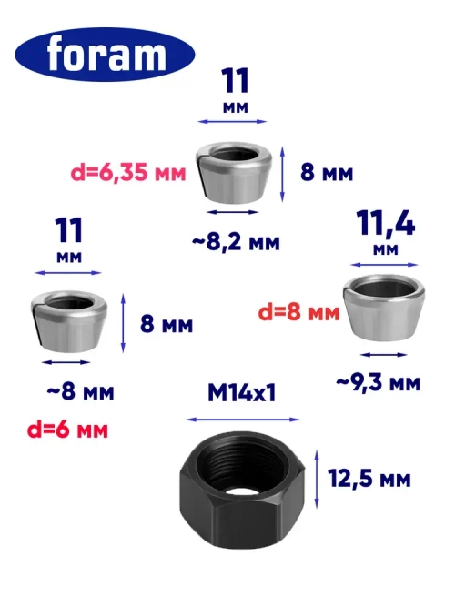 Цанга для фрезера, FORAM, 6,6.35,8 мм