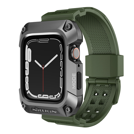 Металлический чехол-бампер от Nillkin DynaGuard Wristband Case для часов Apple Watch Series 4, 5 и 6 серии, размером 44мм, в комплекте ремешок зеленого цвета из ТПУ с двойным замком