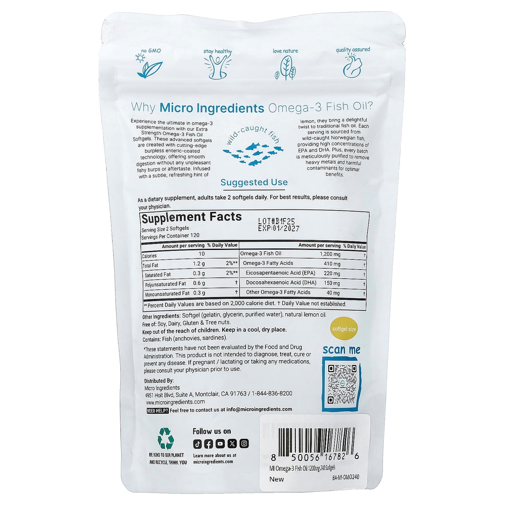 Micro Ingredients, рыбий жир с омега-3, лимон, 240 капсул (600 мг в 1 капсуле)
