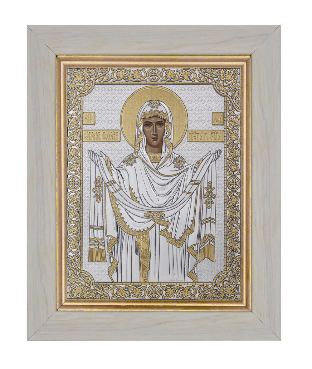 Покрова БМ, икона прямоугольная в рамке под стеклом, белое дерево, 232х280