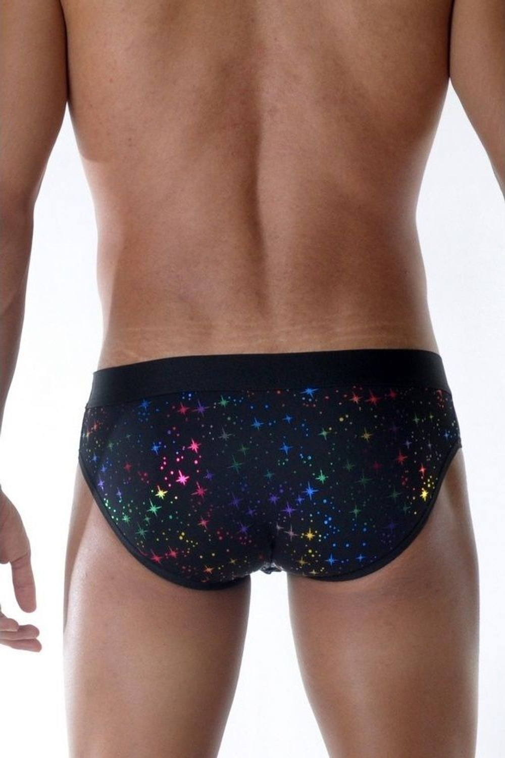 Черные мужские трусы-слипы с разноцветными блестящими звездочками (Размер: M) (Цвет: черный)