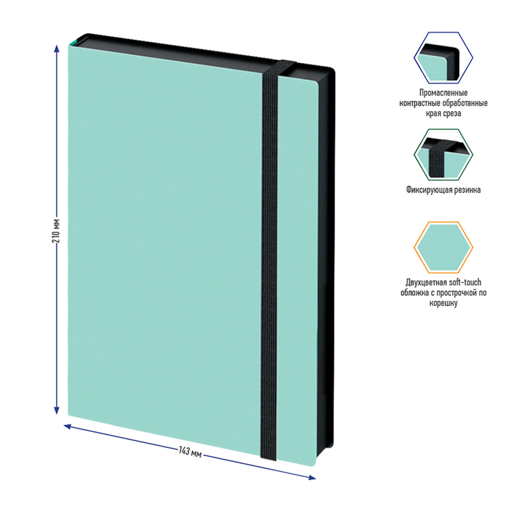 Ежедневник недатированный, А5, 136л., кожзам, Berlingo "Instinct", черный/мятный, с резинкой