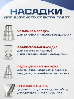 Фен строительный с регулировкой температуры с 4 насадками 2000 Вт