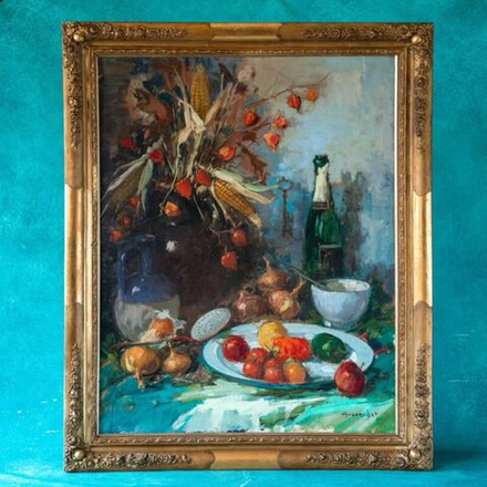 Винтаж: Антикварная картина «Натюрморт с фруктами и шампанским»