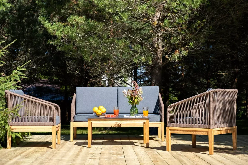 "Канны" лаунж-зона 4-местная из роупа со столиком "Канны" (серый гранит), основание дуб, роуп коричневый