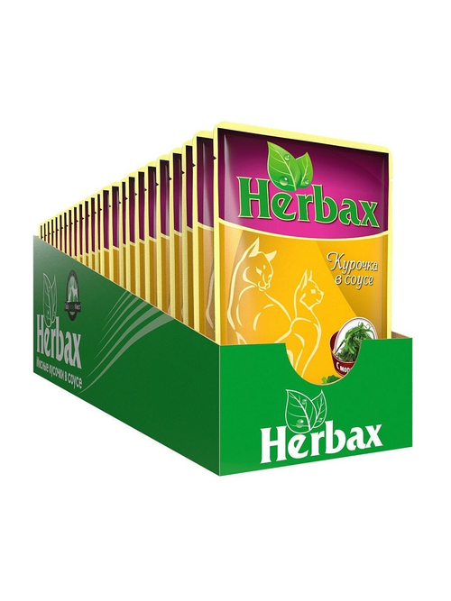 Влажный кром Herbax для взрослых кошек, курочка в соусе с морской капустой, 24 шт x 100 г