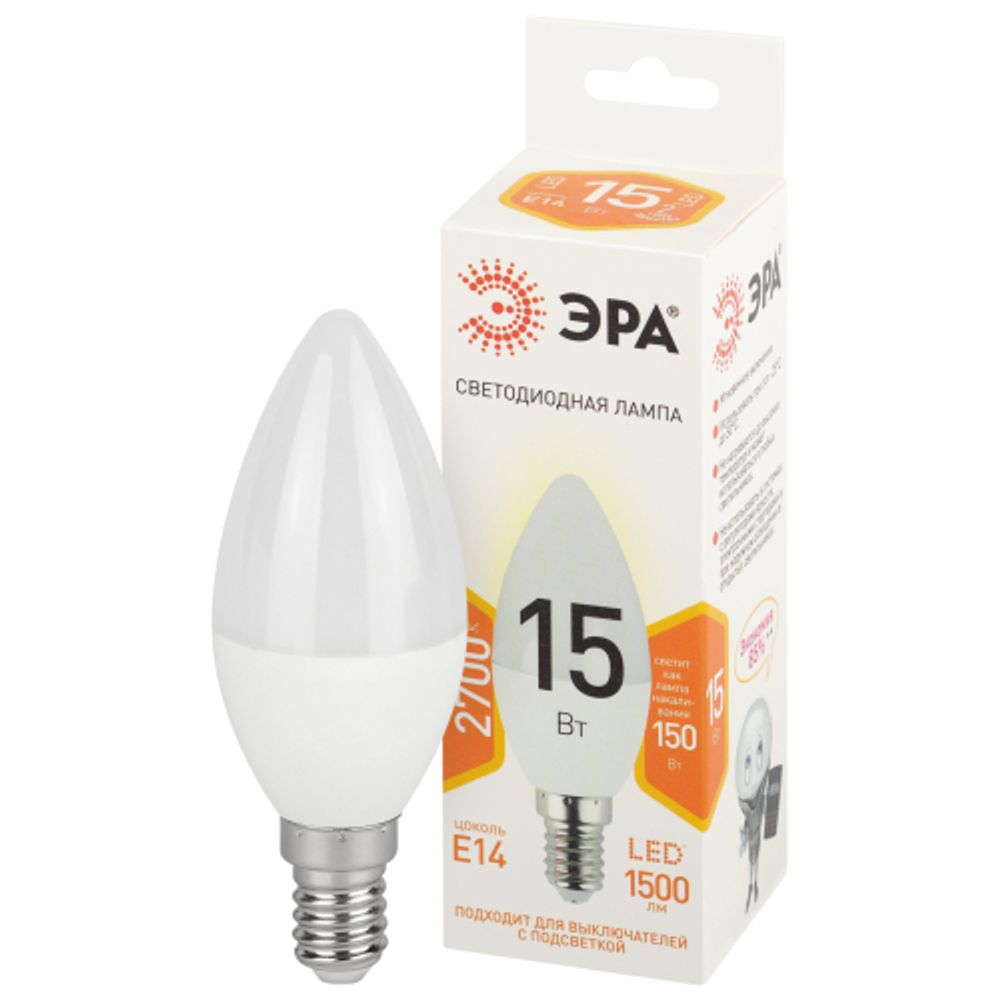 Лампа светодиодная ЭРА STD LED B35-15W-827-E14 15Вт свеча теплый белый свет Е14 | Лампы cветодиодные Свеча (B/C)