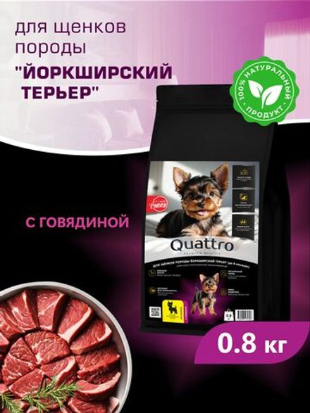 Корм сухой для щенков породы Йоркширский терьер, с говядиной, 800 гр, QUATTRO