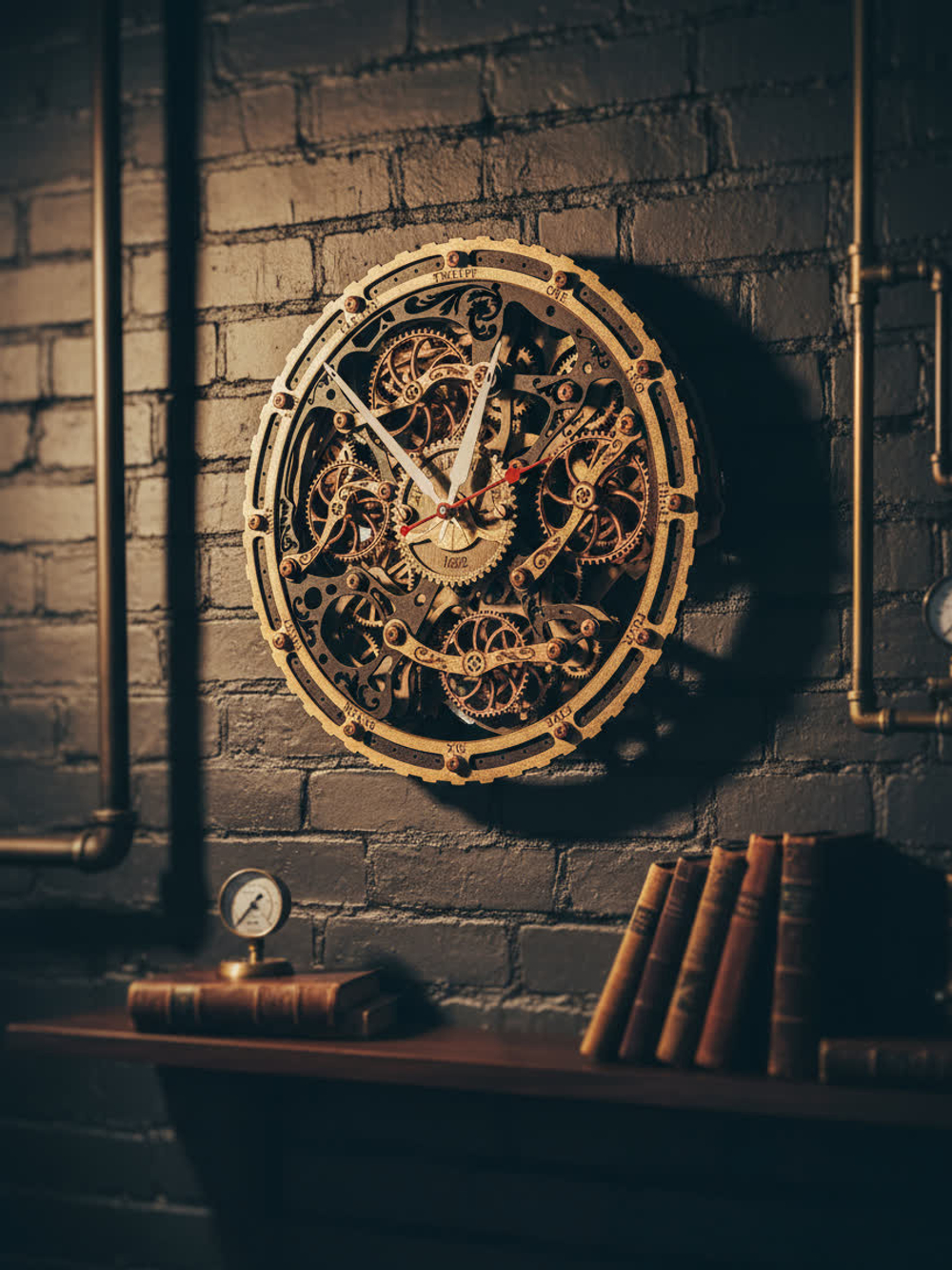 Стильный лофт-интерьер: настенные часы WoodandRoot Automaton на кирпичной стене с медными трубами, брутальный декор и винтажные аксессуары