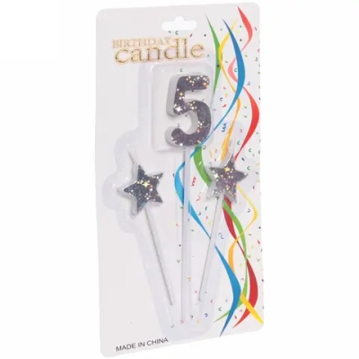 Свеча для торта Цифра Звёздное сияние «5» 16 см (набор 3шт), серебро