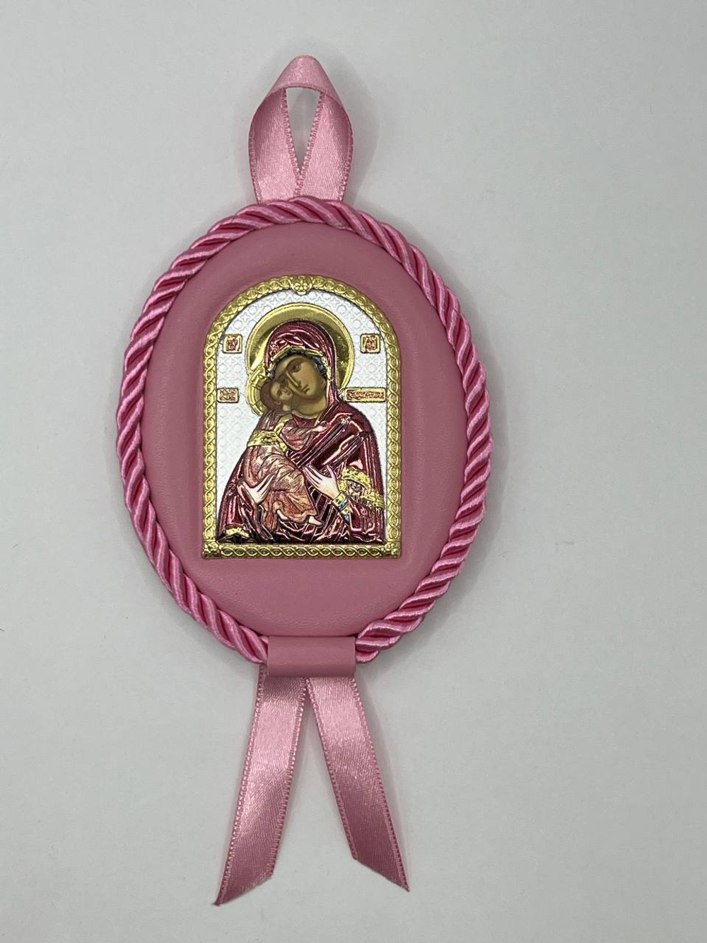 Владимирская БМ, икона детская, овальная, эмаль, розовая кожа 70х90