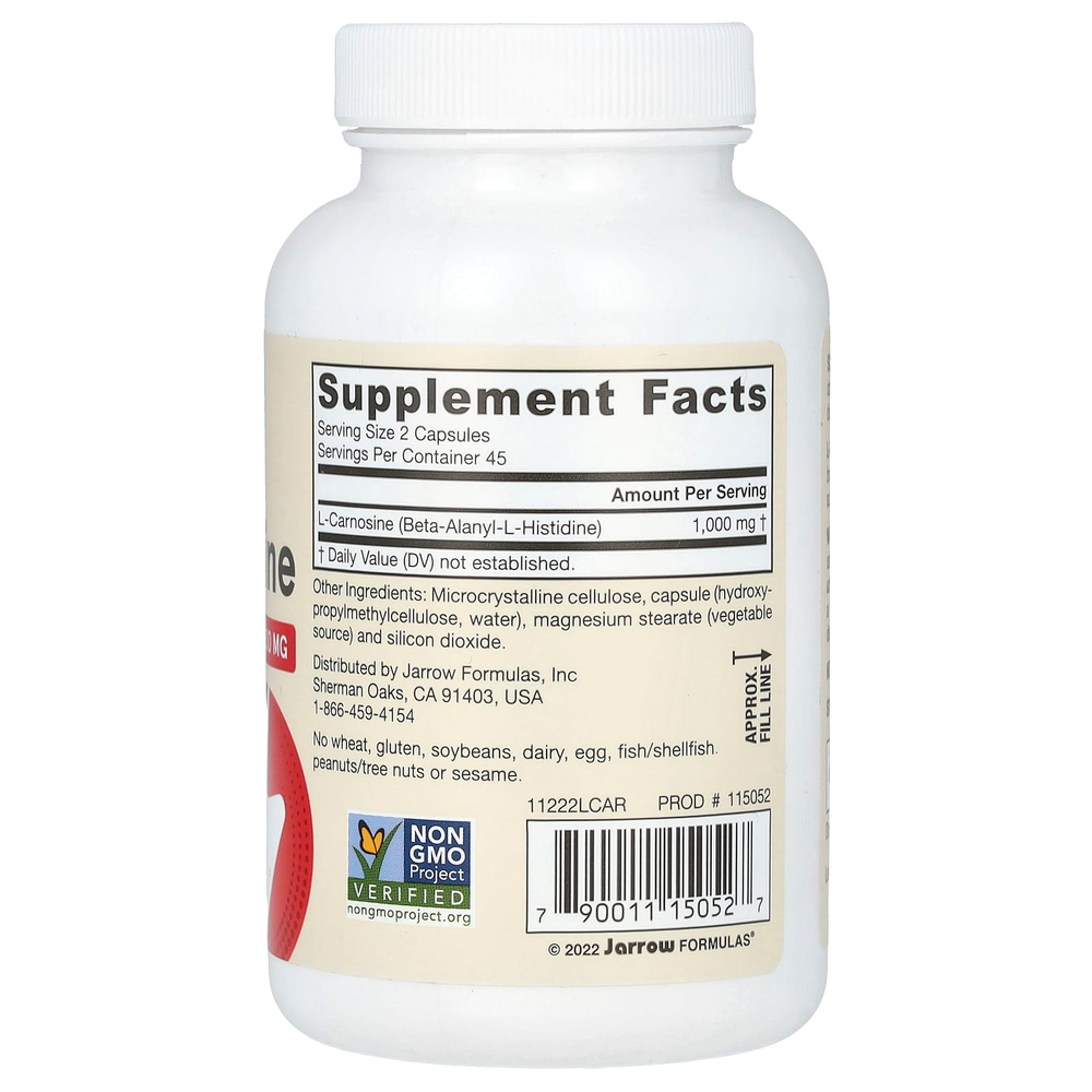 Jarrow Formulas, веганский L-карнозин, 90 растительных капсул (500 мг в 1 капсуле)