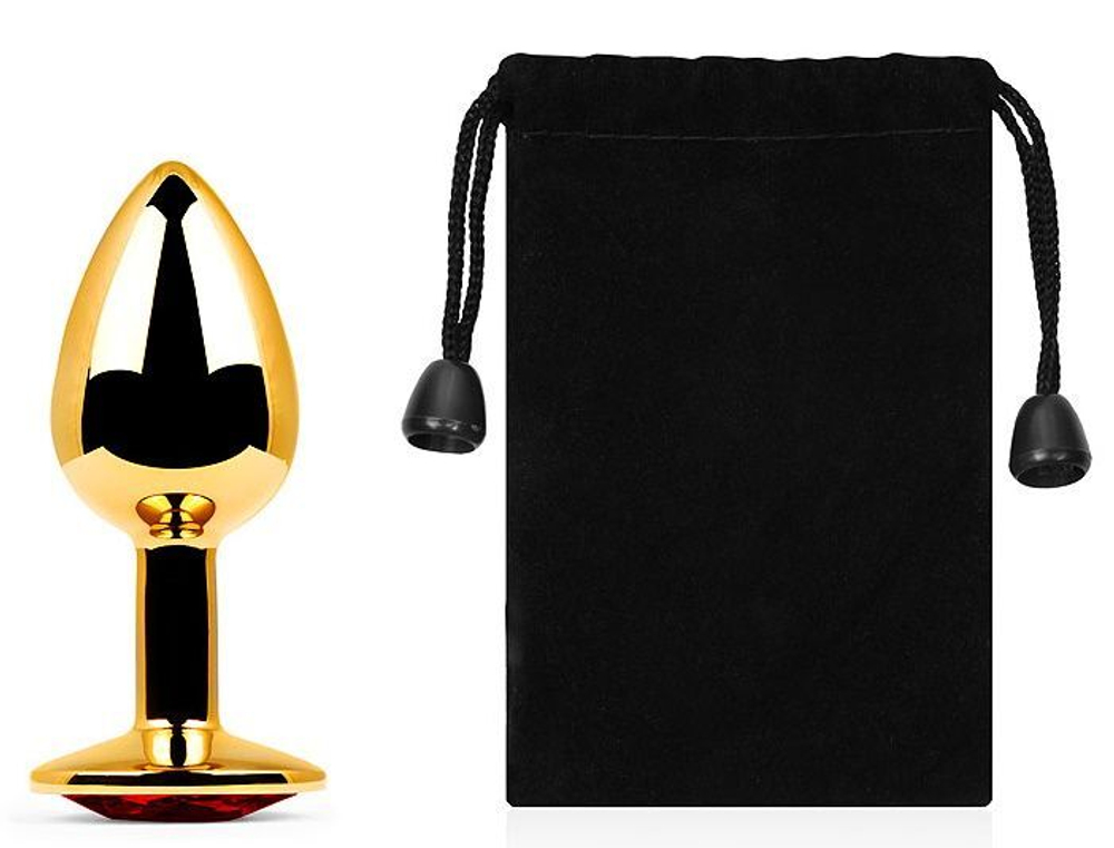 Золотистая анальная пробка с красным стразом - 7,2 см. (Цвет: красный)