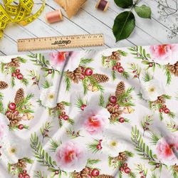 Ткань футер 2-х нитка нежные розовые цветы, шишки и омела