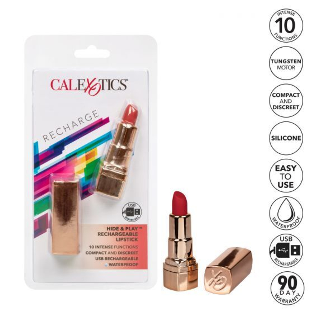 Золотистый вибратор-помада с красным мягким кончиком California Exotic Novelties Hide & Play Rechargeable Lipstick SE-2930-30-2