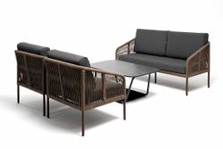 "Канны" лаунж-зона 4-местная из роупа со столом "Верона" (серый гранит), каркас алюминиевый коричневый, роуп коричневый