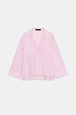 ZARA СВОБОДНАЯ РУБАШКА ИЗ ЛЬНА, РОЗОВЫЙ/БЕЛЫЙ