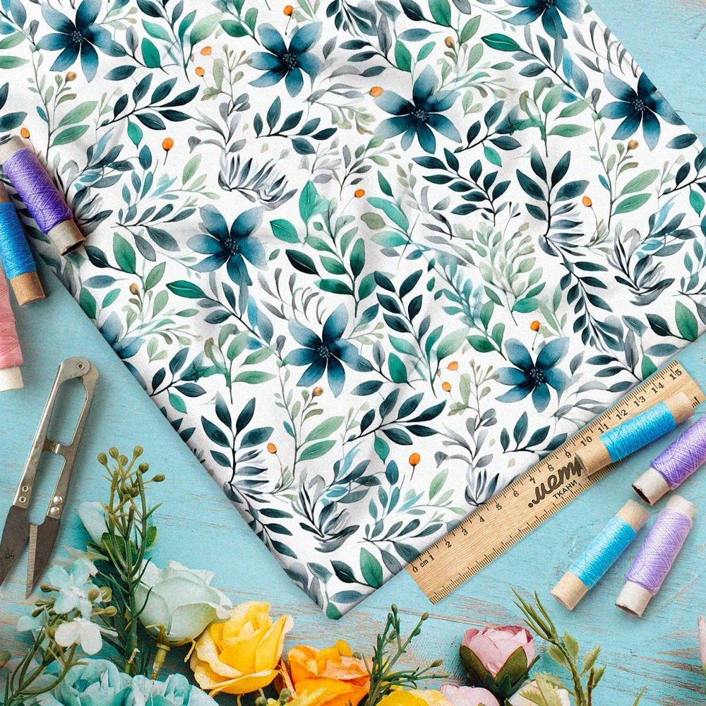 Ткань премиум таффета цветы, веточки, ягоды