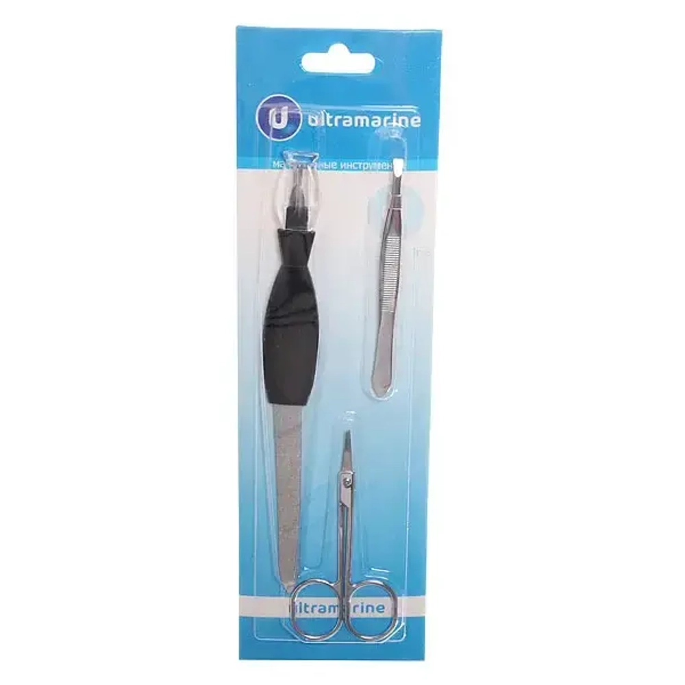 Маникюрный набор на блистере, 3 предмета «Ultramarine» (пилка металлическая с триммером, узкие ножницы и пинцет)