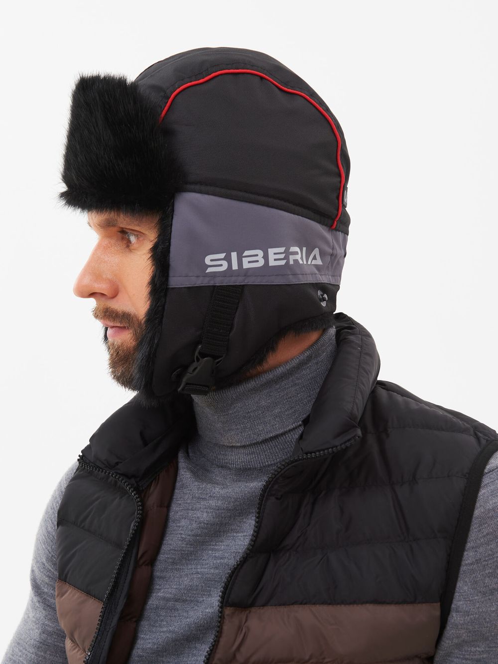 Шапка ушанка зимняя Siberia ткань Breathable цвет Серый/Черный иск. мех Норка