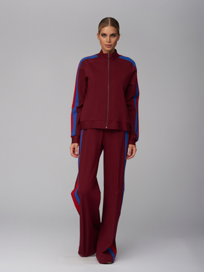 Женский хлопковый спортивный костюм бордовый с контрастными линиями