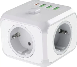Тройник в розетку, 3 гнезда 3 USB A, 1 type C 2500 Вт, 10А евровилка, с выключателем, разветвитель для розетки, сетевой фильтр