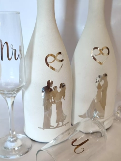Наклейки свадебные зеркальное серебро на бокалы и бутылки.
