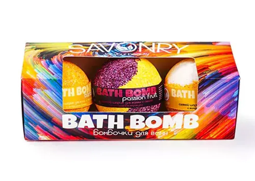 Набор бурлящих бомбочек для ванны Savonry Bath Bomb (3 шт) Маракуйя, банан, дыня