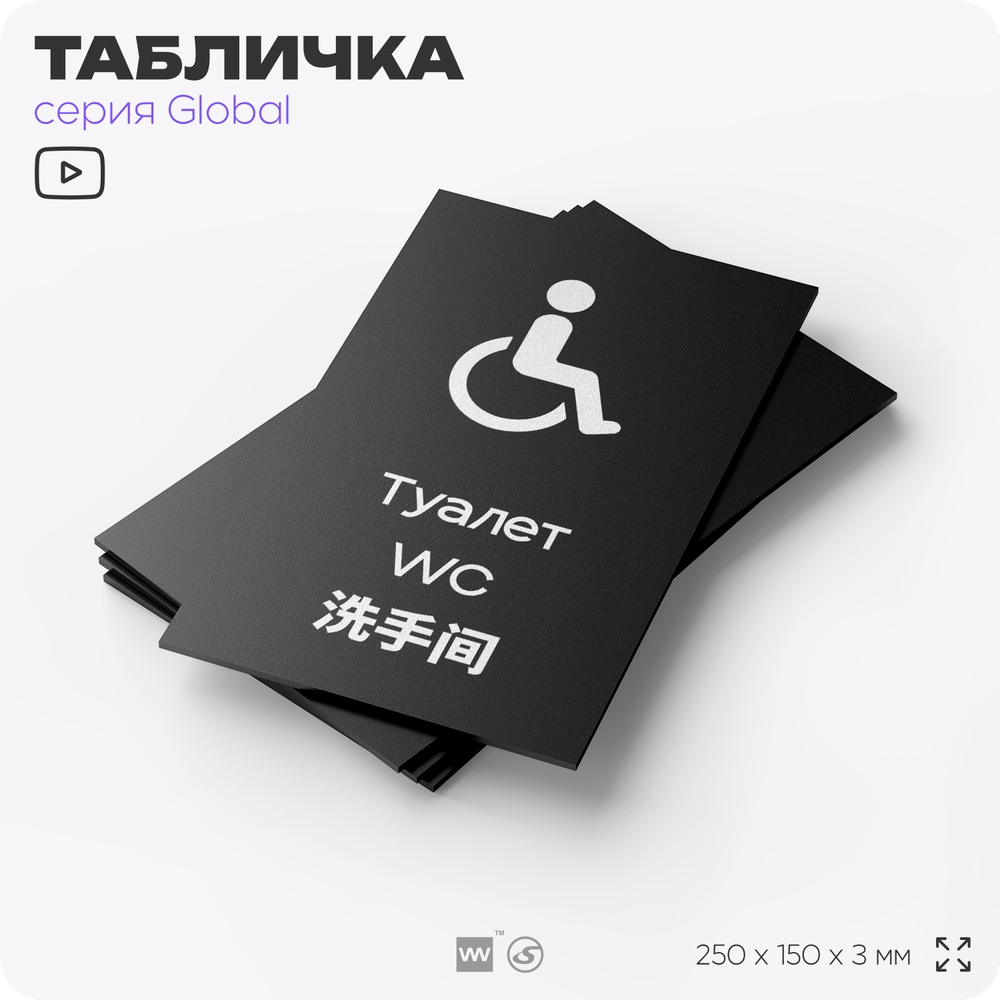 Табличка Туалет, на дверь и стену, информационная и мультиязычная (русский, английский, китайский), серия GLOBAL, 25х15 см, Айдентика Технолоджи