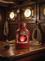 Интерьерный светильник WOODandROOT из корабельного фонаря 1957 года, стоящий в тёмной деревянной каюте среди канатов и штурманских элементов.