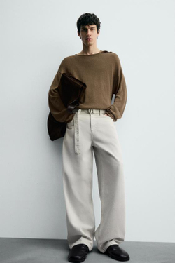 ZARA ДЖИНСЫ RELAXED FIT С ПОЯСОМ, ЗЕЛЕНЫЙ/СЕРЫЙ